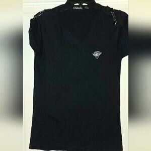 Vintage 80s Chams Black Thrashed Neck Buckle Shoulder Shirt Size S